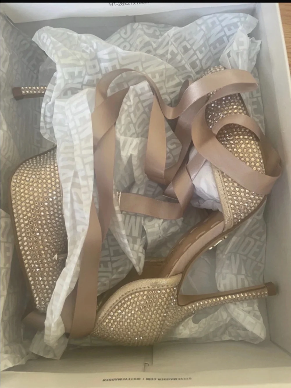 Steve Madden Rhinestone Champagne Heels with Ankle Ribbons